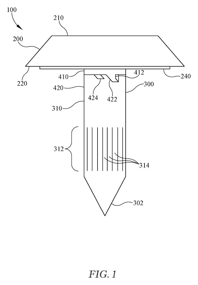 Patent FIG. 1: side view of the sensor with cap, adhesive layer, and closed spike showing longitudinal members.