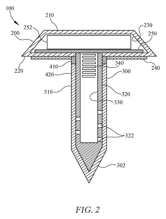 Patent FIG. 2: cross-section showing the sensor element and electronics in the cap, the inner shell cavity, sensor paper, and perforations.