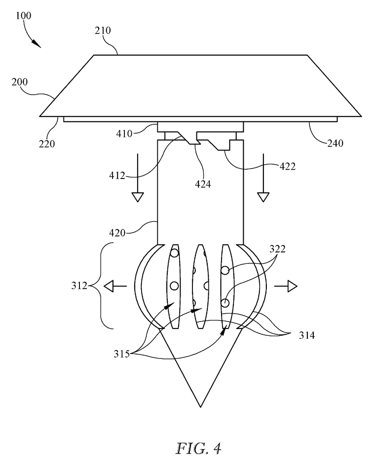 Patent drawing of the spike sensor after insertion, with the expansion portion bulged outward to open gas channels.
