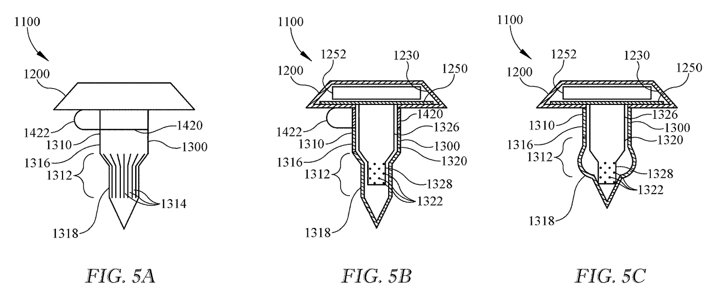 Patent FIGS. 5A to 5C: a pull-tab version of the sensor shown closed, in section, and with the outer shell pushed up and expanded.