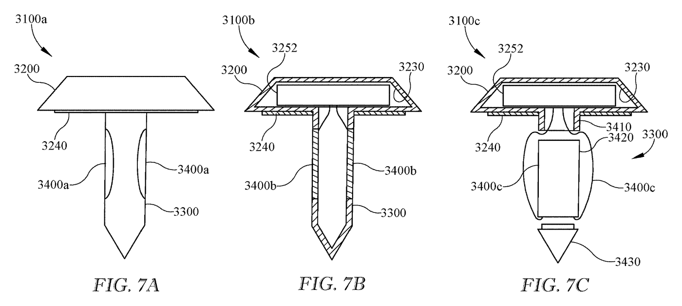 Patent FIGS. 7A to 7C: three spike versions with electrodes molded into the spike or wired along its outside, connected to electronics in the cap.