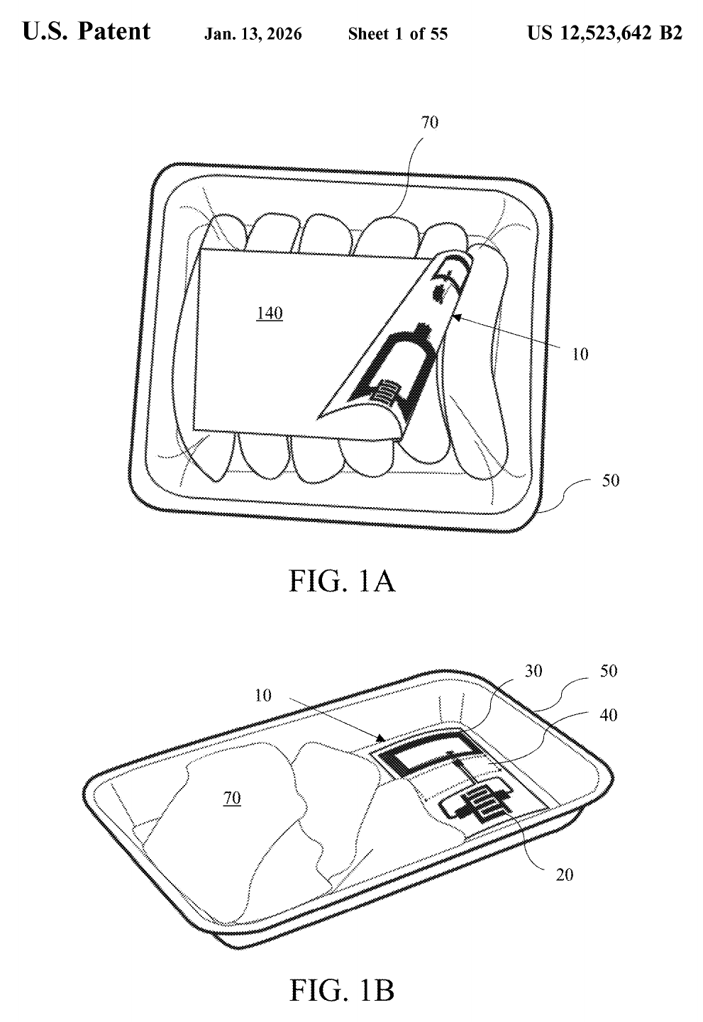 Patent figure showing the RFID freshness sensor integrated into a meat package tray.