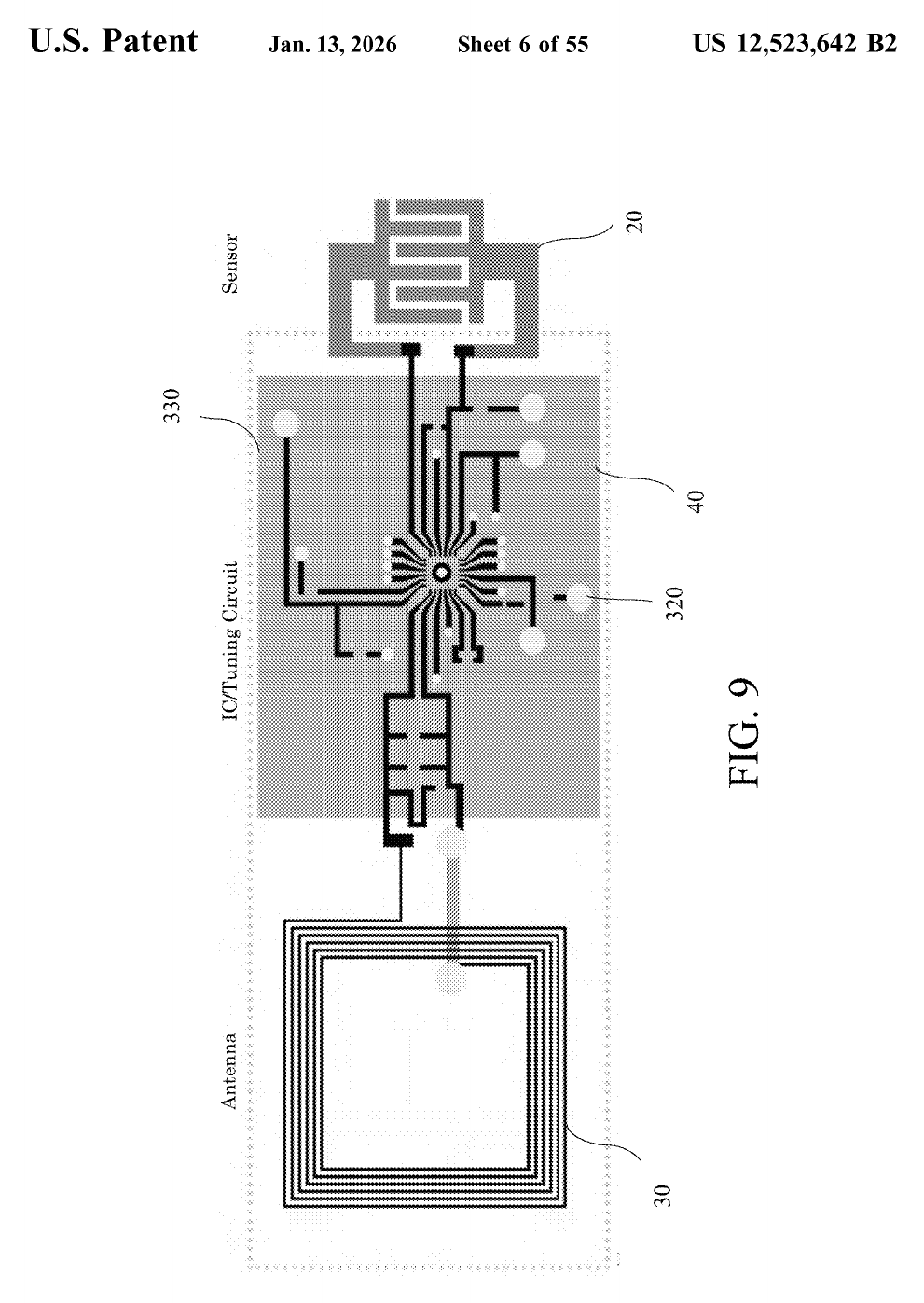 Patent figure showing the integrated antenna, tuning circuit, IC, and sensor layout.
