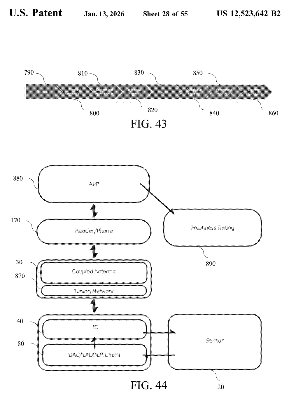 Patent figure showing the workflow from sensor and integrated circuit through a phone or reader and an app to a freshness rating.