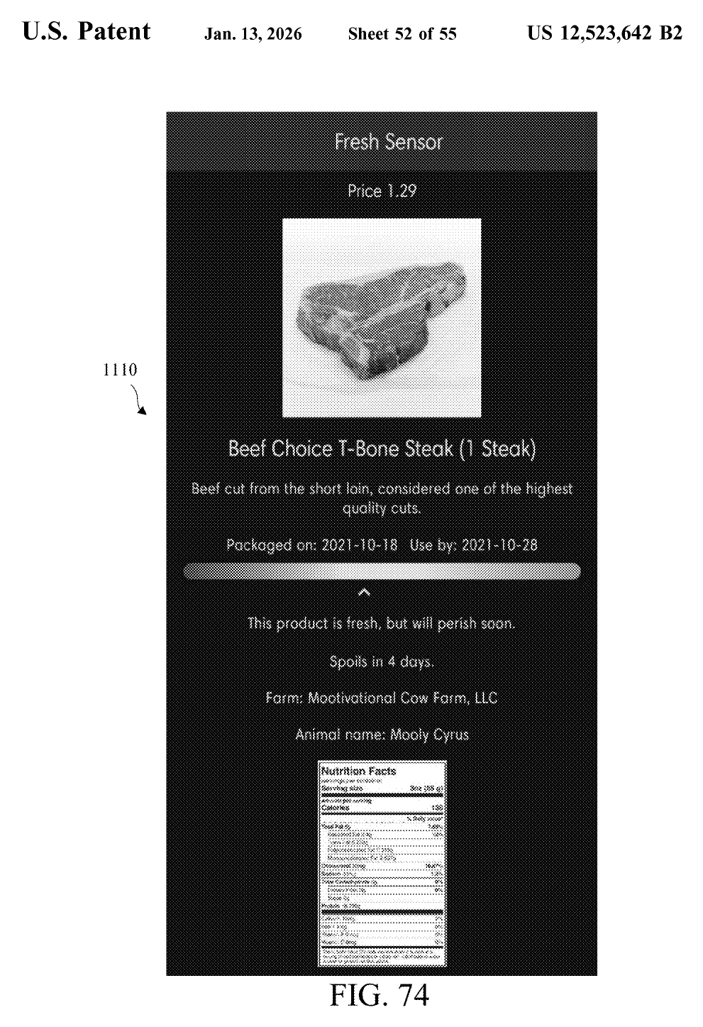Patent figure showing a mobile freshness sensor application displaying a product card and freshness status.