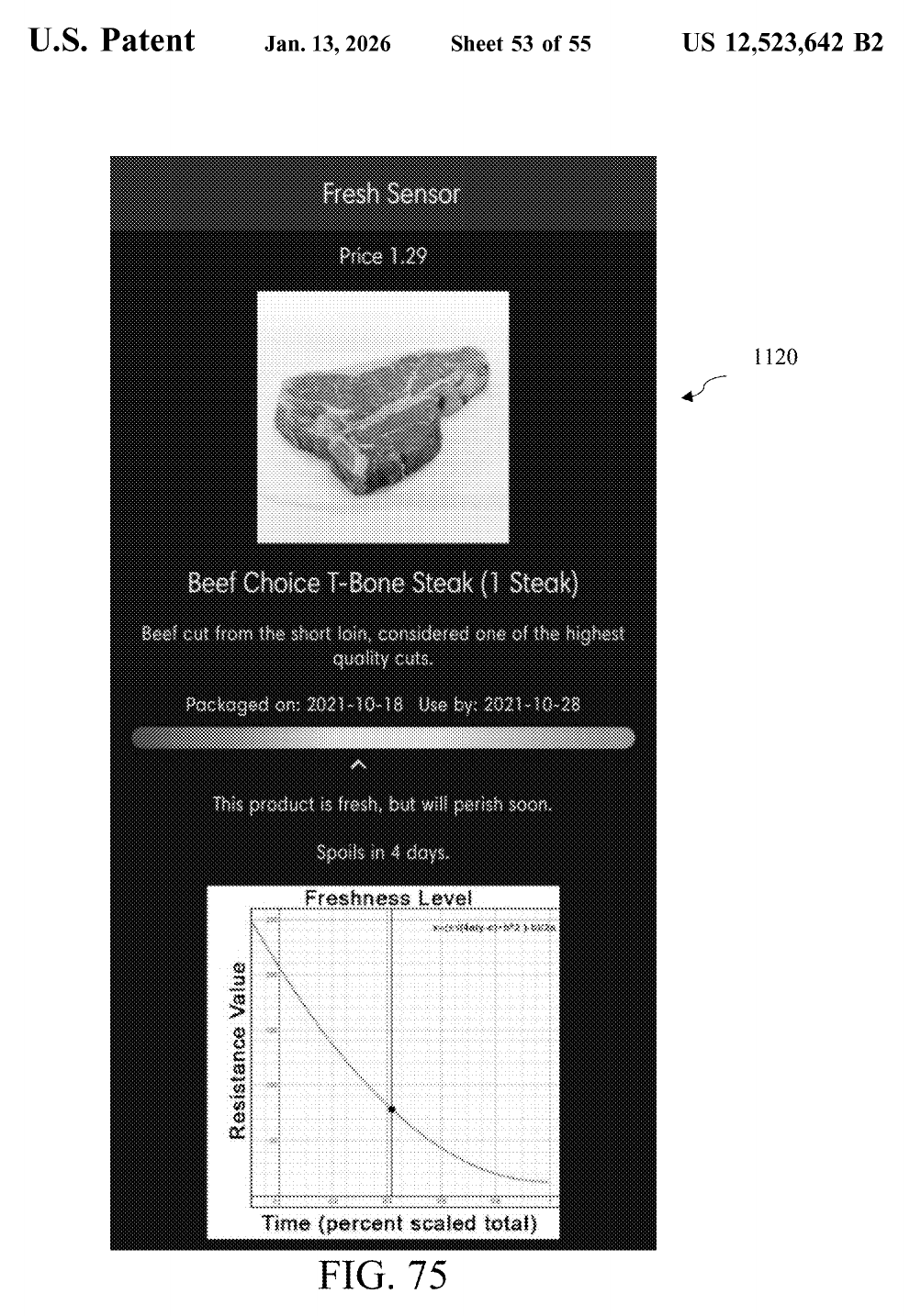 Patent figure showing a mobile app screen with freshness level graph and remaining freshness indication.